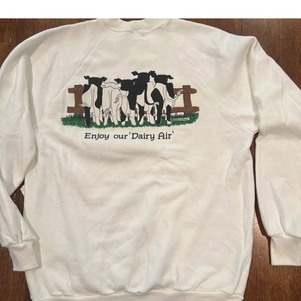 Vintage 90s Indiana Funny Cow White Sweatshirt Double Sided Women XL Jerzees USA